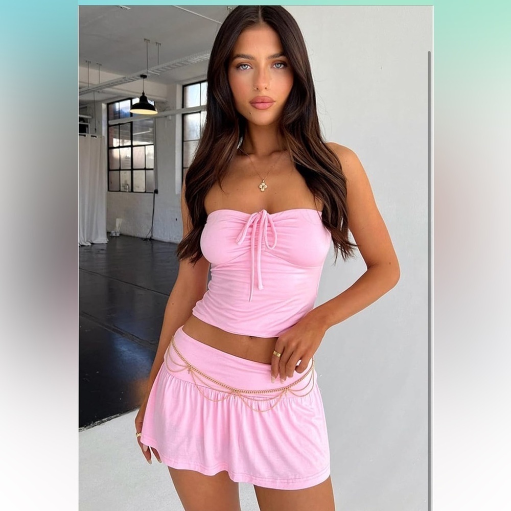 2 Piece Mini Skirts Set Strapless Crop Tops Low Waist Short Skort Skirt
8103